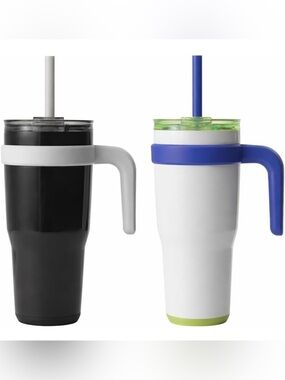 REDUCE Insulated Travel Tumbler with Handle & Straw - Black and White Set of 2